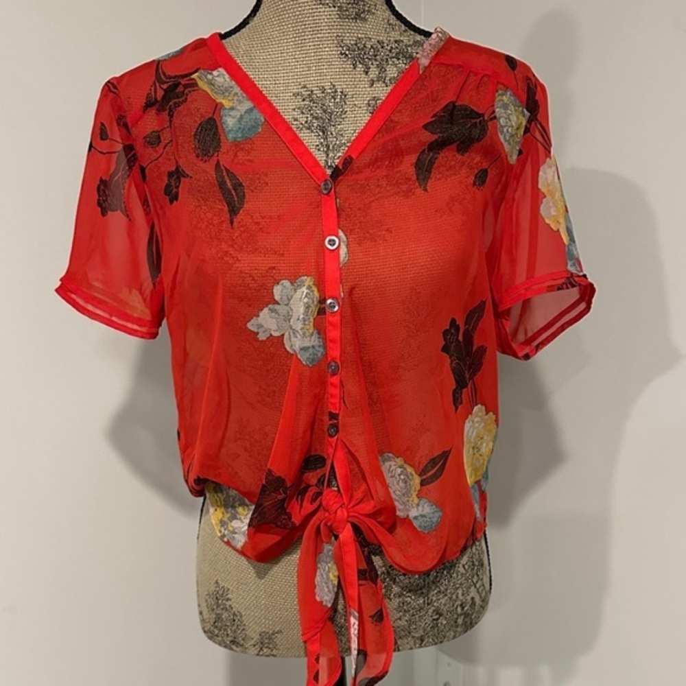 Kimchi Blue Floral Red Sheer Button-Up tie front Top Size Small